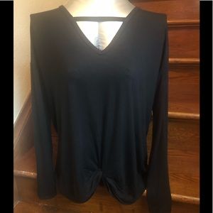 Black Key Hole Knot-Front Long-Sleeve Top, Size L